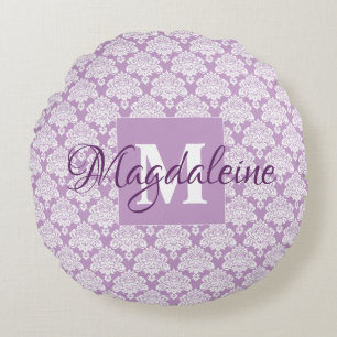 Lavender Purple Lacy Damask Chic Monogram & Name Round Cushion