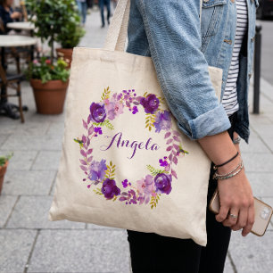 Lavender Purple Lilac Floral Wreath Bridesmaid Tote Bag