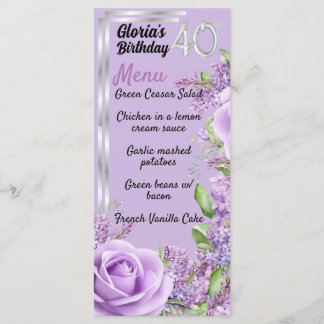 Lavender purple milestone 40th birthday menu