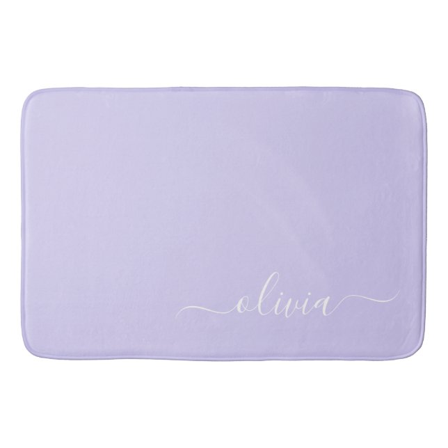 Lavender Purple Modern Script Girly Monogram Name Bath Mat (Front)