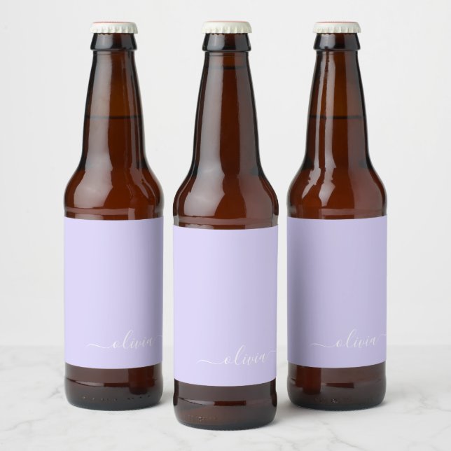 Lavender Purple Modern Script Girly Monogram Name Beer Bottle Label (Bottles)