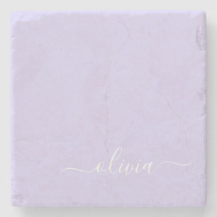 Lavender Purple Modern Script Girly Monogram Name Stone Coaster