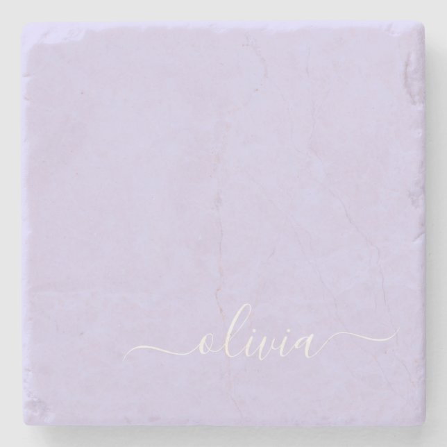Lavender Purple Modern Script Girly Monogram Name Stone Coaster (Front)