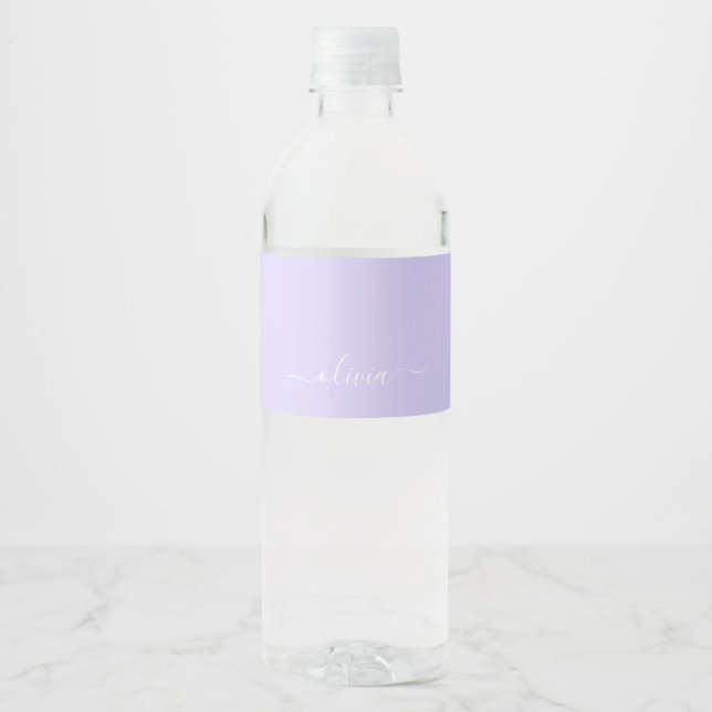 Lavender Purple Modern Script Girly Monogram Name Water Bottle Label (Front)