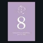 Lavender Purple Monogram Wedding Table Number Card<br><div class="desc">This elegant wedding table number card features a monogram encircled by lavender line art with the bride and groom's initials, names and wedding date in white over a purple background. Use the template fields to add your custom details. Click on "Edit using design tool" to change the colours and fonts....</div>