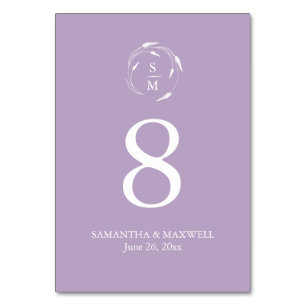 Lavender Purple Monogram Wedding Table Number Card