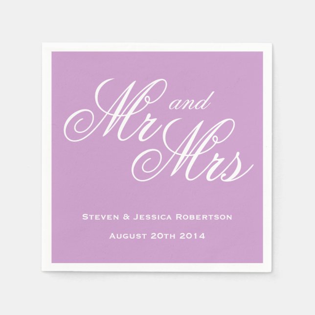 Lavender purple Mr and Mrs paper wedding napkins (Front)