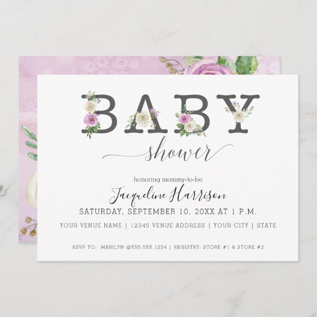 Lavender Purple n White Florals | Girl Baby Shower Invitation (Front/Back)