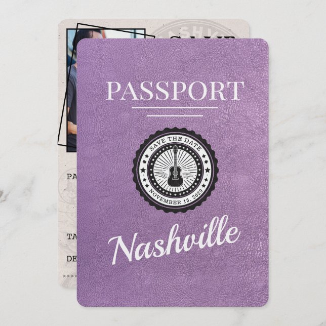 Lavender Purple Nashville Passport Save The Date (Front/Back)