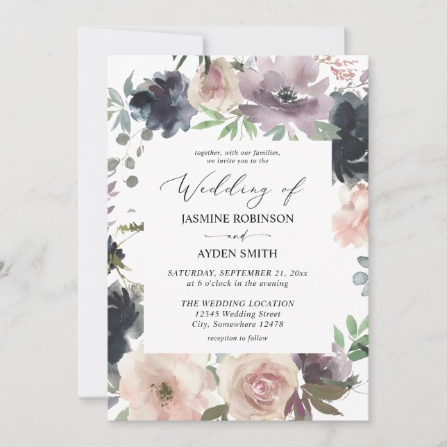 Lavender Purple, Navy, Blush Pink Floral Wedding Invitation (Front)