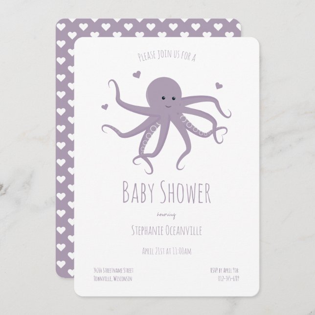 Lavender Purple Octopus Hearts Cartoon Baby Shower Invitation (Front/Back)