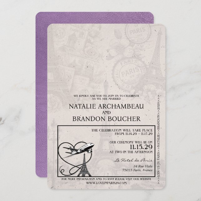 Lavender Purple Paris Passport Wedding Invitation (Front/Back)