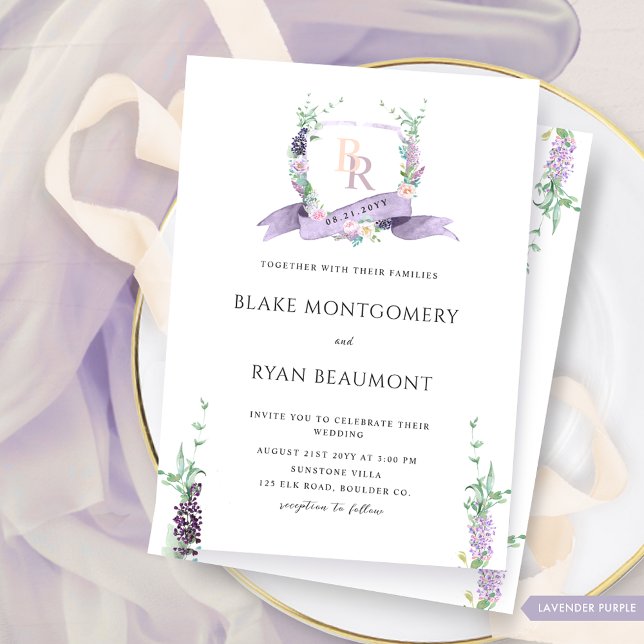 Lavender, Purple, Pastel Floral Monogram Wedding Invitation (Creator Uploaded)