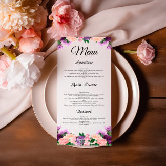 Lavender Purple Peach Pink Floral Wedding Menu