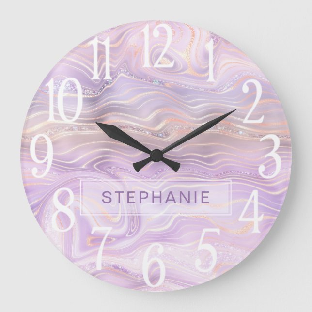 Lavender Purple Personalised Marble Strata  Large Clock (Front)