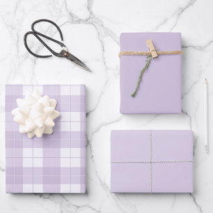 Lavender Purple Plaid Pattern and Matching Solids Wrapping Paper Sheet