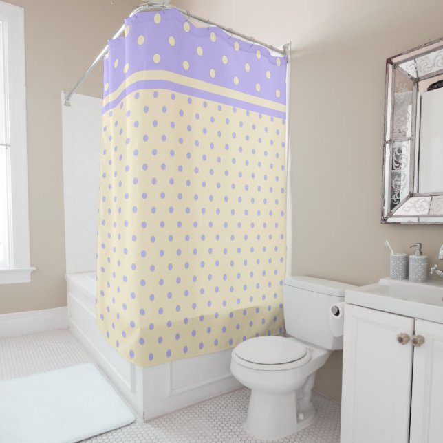 Lavender purple polka dots & yellow Shower Curtain (In Situ)