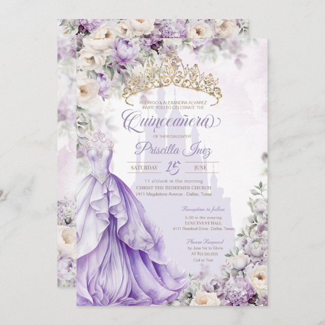 Lavender Purple Princess Fairytale Quinceañera Invitation (Front/Back)