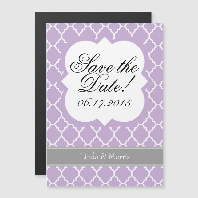 Lavender Purple Quatrefoil Save The Date Magnet (Front/Back)