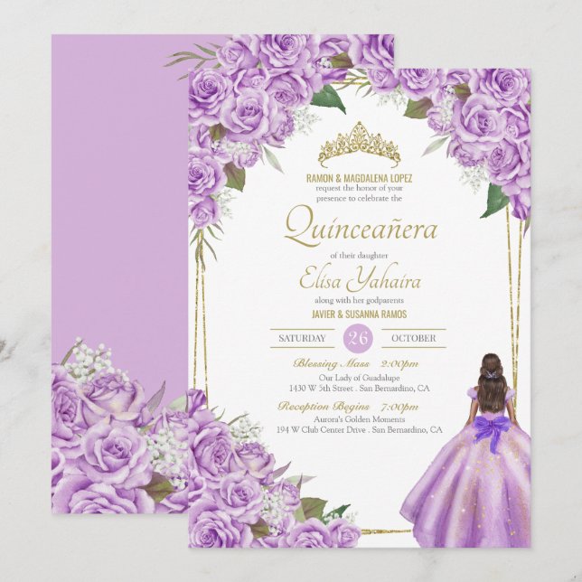 Lavender Purple Quinceanera Elegant Rose Floral Invitation (Front/Back)