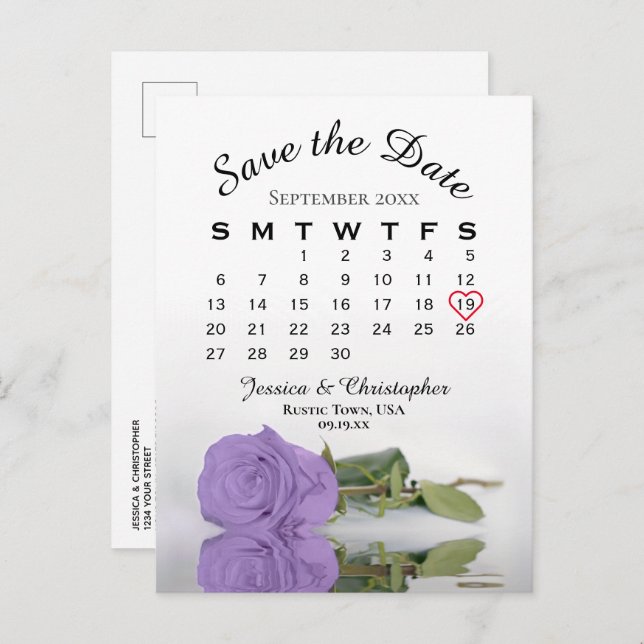 Lavender Purple Rose Calendar Save the Date Announcement Postcard (Front/Back)