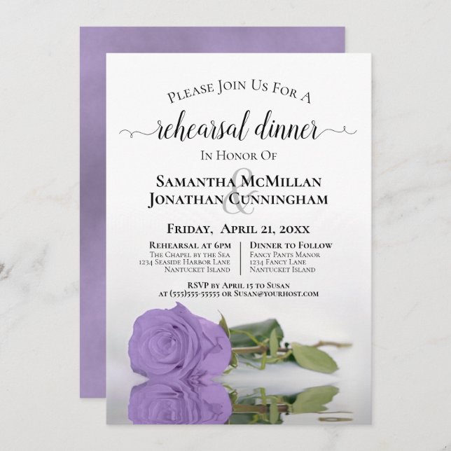 Lavender Purple Rose Chic Wedding Rehearsal Dinner Invitation (Front/Back)