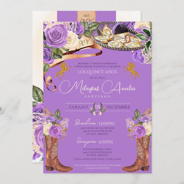 Lavender Purple Rose Fancy Charra Quinceanera Invitation (Front/Back)