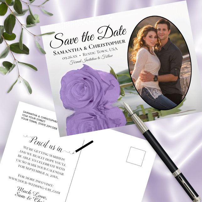 Lavender Purple Rose Photo Wedding Save The Date Announcement Postcard (Creator Uploaded)