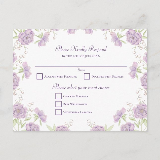 Lavender Purple Rose Wedding RSVP Holiday Postcard (Front)