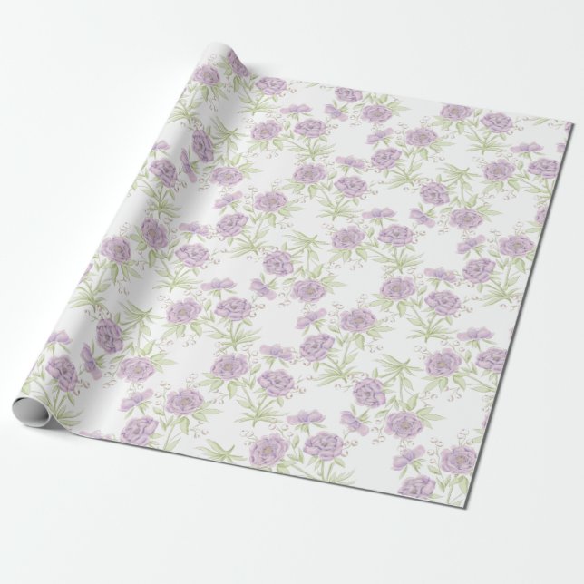 Lavender Purple Rose Wedding Wrapping Paper (Unrolled)