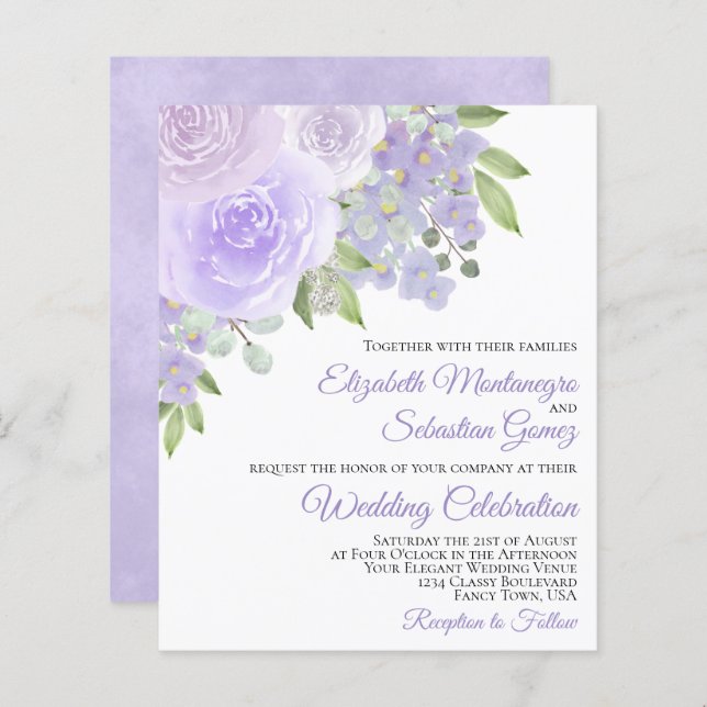 Lavender Purple Roses BUDGET Wedding Invitation (Front/Back)