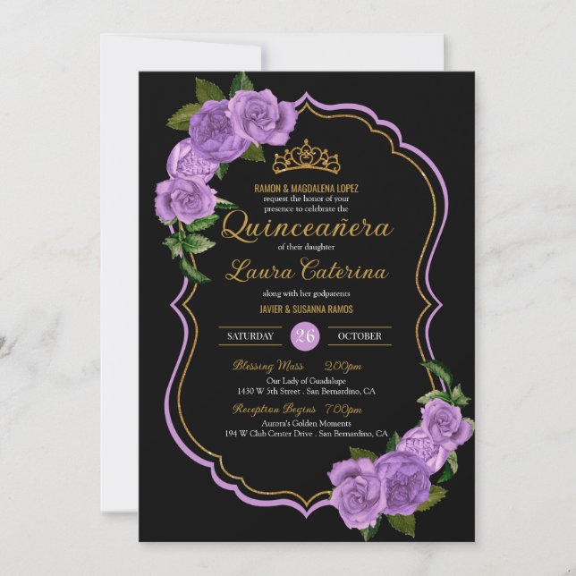 Lavender Purple Roses Gold Elegant Quinceañera Invitation (Front)