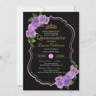 Lavender Purple Roses Gold Elegant Quinceañera Invitation
