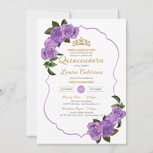 Lavender Purple Roses Gold Elegant Quinceañera Invitation (Front)