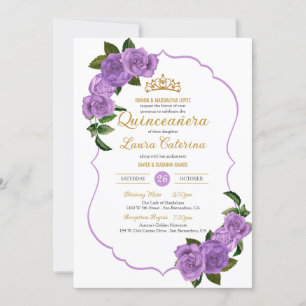 Lavender Purple Roses Gold Elegant Quinceañera Invitation