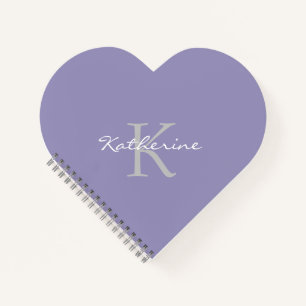 Lavender Purple Script Monogram Name Heart Shape Notebook