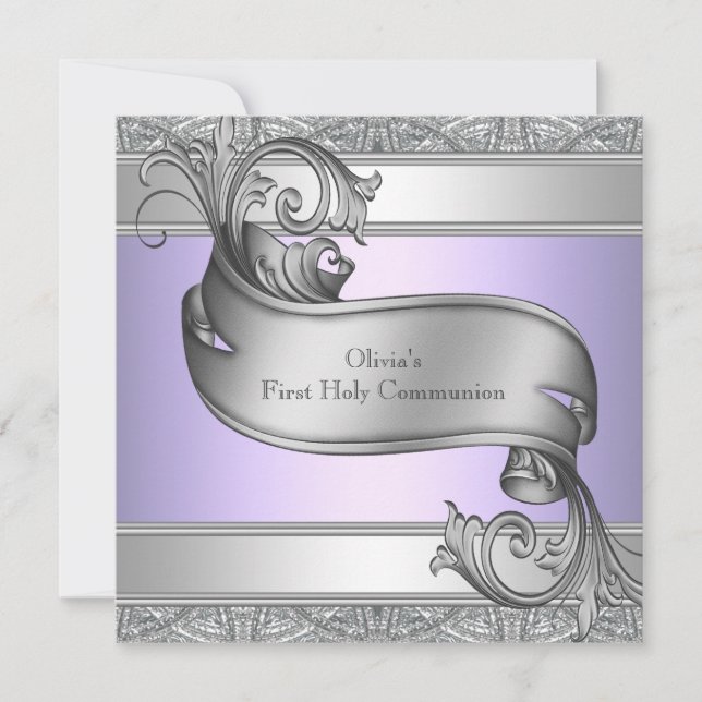 Lavender Purple Silver Cross Girls First Communion Invitation (Front)