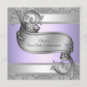 Lavender Purple Silver Cross Girls First Communion Invitation