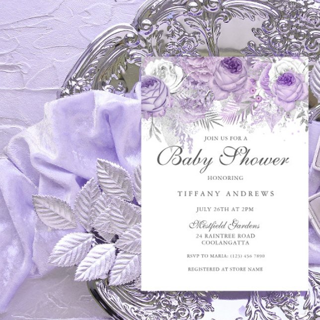 Lavender Purple Silver Floral Baby Shower Invite (Creator Uploaded)
