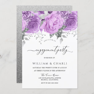 Lavender Purple Silver Floral Engagement Party Invitation