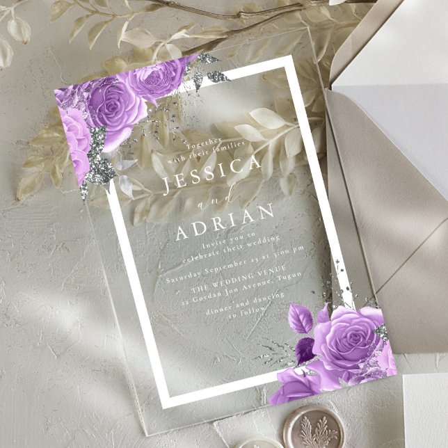 Lavender Purple & Silver Floral Frame Wedding Acrylic Invitations (Creator Uploaded)