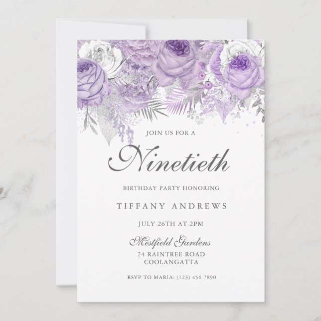 Lavender Purple Silver Flower 90th Birthday Party Invitation (Front)