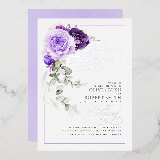 Lavender Purple & Silver Foil Floral Boho Wedding (Front/Back)