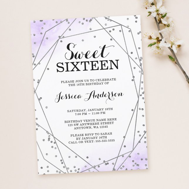 Lavender Purple Silver Glitter Geometric Sweet 16 Invitation (Creator Uploaded)