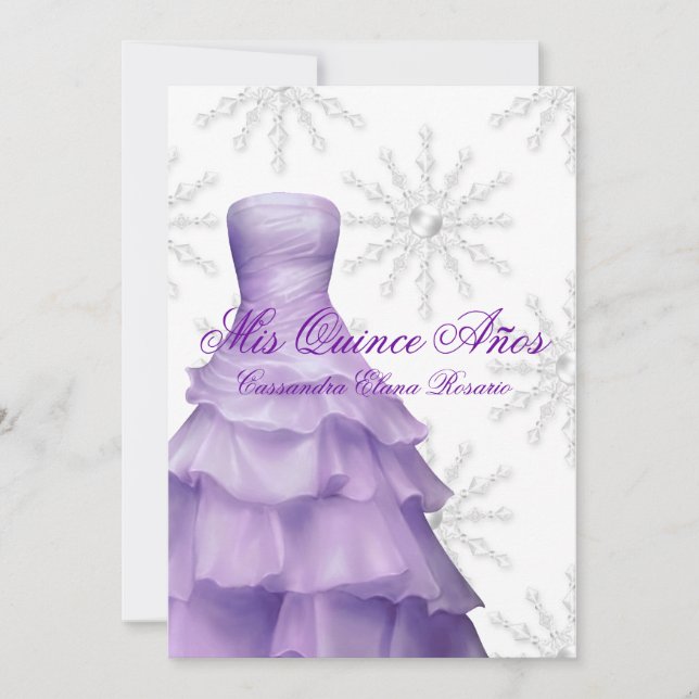 Lavender Purple Snowflakes White Quinceanera Invitation (Front)