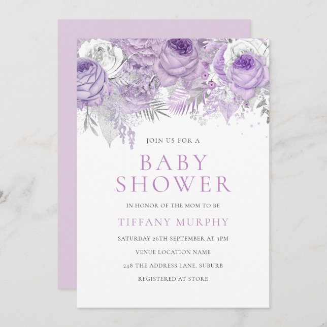 Lavender Purple Sparkle Floral Baby Shower Invitation (Front/Back)