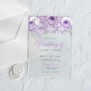 Lavender Purple Sparkle Floral Wedding Invite Acrylic Invitations