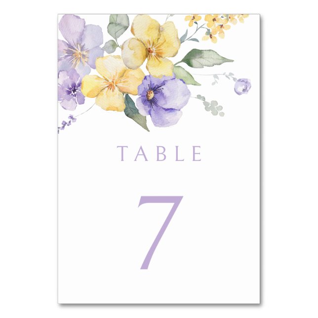 Lavender Purple & Sunshine Yellow Floral Wedding Table Number (Front)