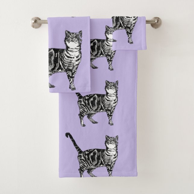 Lavender Purple Tabby Cat Cats Girls Art Towel Set (Insitu)