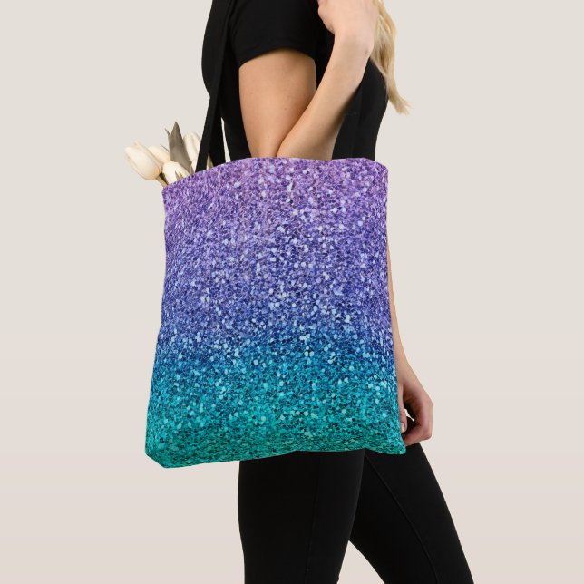 Lavender Purple & Teal Aqua Green Sparkly Glitter Tote Bag (Close Up)